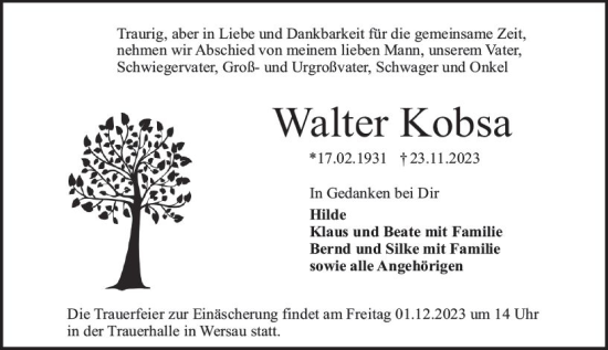 Traueranzeige von Walter Kobsa von Odenwälder Echo