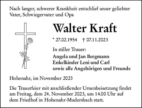 Traueranzeige von Walter Kraft von Wetzlarer Neue Zeitung