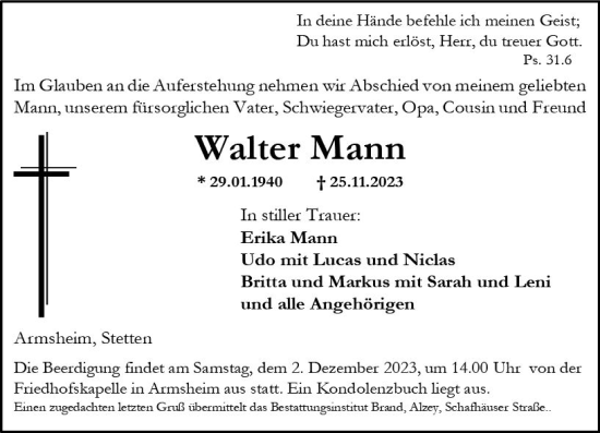 Traueranzeige von Walter Mann von Allgemeine Zeitung Alzey