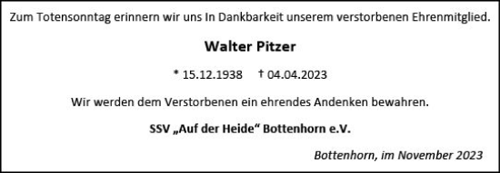 Traueranzeige von Walter Pitzer von Hinterländer Anzeiger