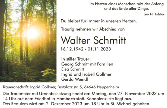 Traueranzeige von Walter Schmitt von Starkenburger Echo