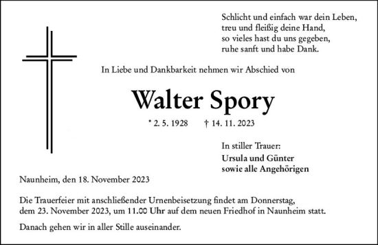 Traueranzeige von Walter Spory von Wetzlarer Neue Zeitung
