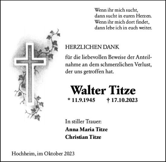 Traueranzeige von Walter Titze von Hochheimer Zeitung