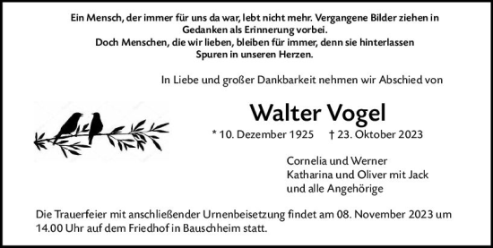 Traueranzeige von Walter Vogel von Rüsselsheimer Echo
