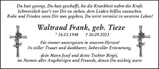 Traueranzeige von Waltraud Frank von Südhessen Wochenblatt Darmstadt