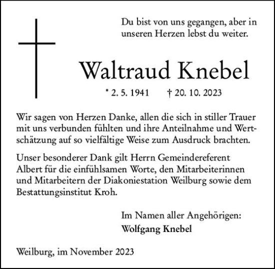 Traueranzeige von Waltraud Knebel von Weilburger Tageblatt