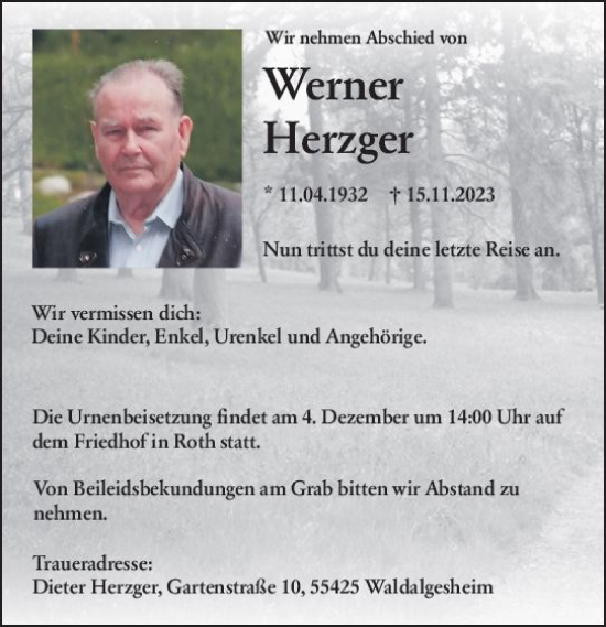 Traueranzeige von Werner Herzger von Bingen/Ingelheim WOBL inkl. Neue Binger Ztg.
