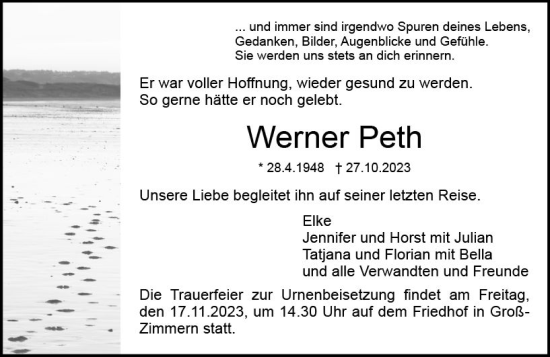 Traueranzeige von Werner Peth von Dieburger Anzeiger/Groß-Zimmerner Lokal-Anzeiger