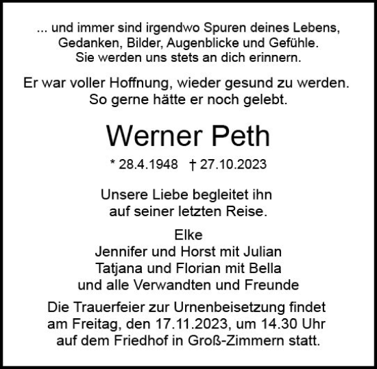 Traueranzeige von Werner Peth von Darmstädter Echo