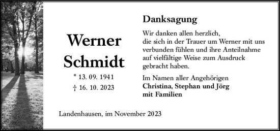 Traueranzeige von Werner Schmidt von Oberhessen Kurier