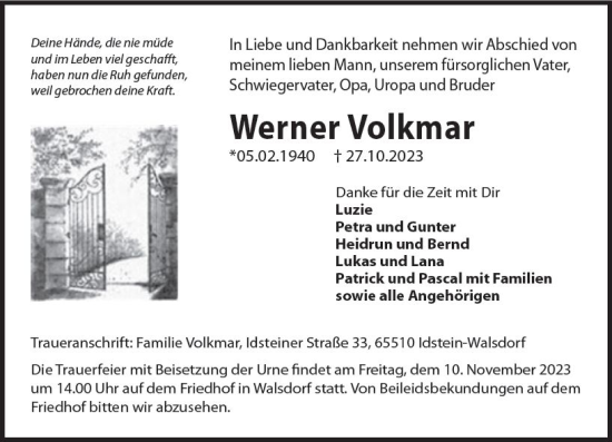 Traueranzeige von Werner Volkmar von Idsteiner Land/Untertaunus