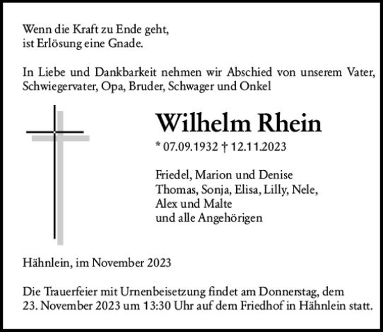 Traueranzeige von Wilhelm Rhein von Darmstädter Echo