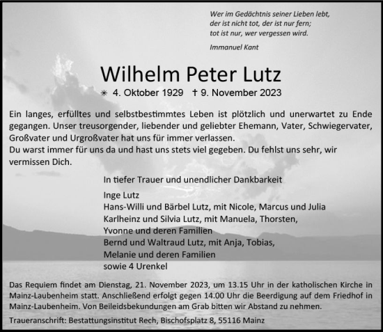 Traueranzeige von Wilhelm Peter Lutz von Allgemeine Zeitung Mainz