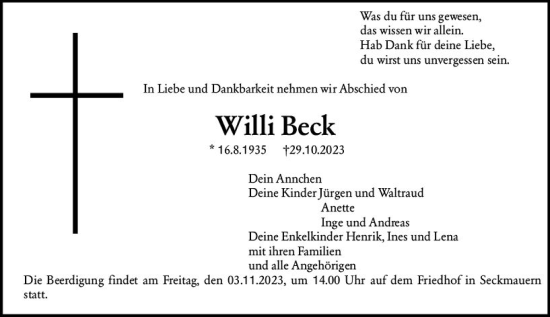 Traueranzeige von Willi Beck von Odenwälder Echo