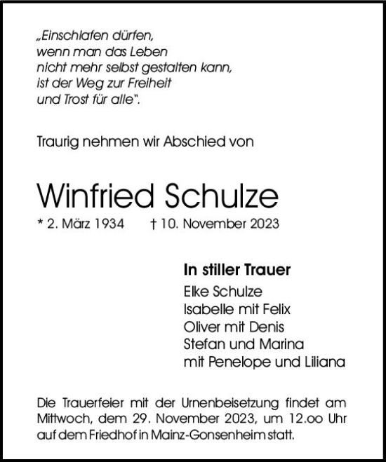 Traueranzeige von Winfried Schulze von Allgemeine Zeitung Mainz