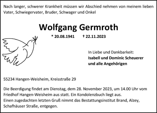 Traueranzeige von Wolfgang Germroth von Allgemeine Zeitung Alzey