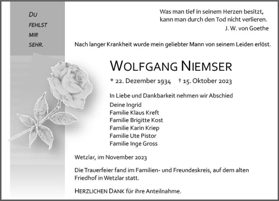 Traueranzeige von Wolfgang Niemser von Wetzlarer Neue Zeitung