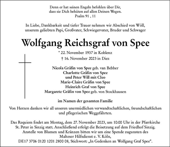 Traueranzeige von Wolfgang Reichsgraf von Spee von Nassauische Neue Presse