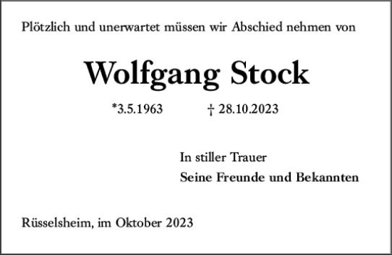 Traueranzeige von Wolfgang Stock von Rüsselsheimer Echo