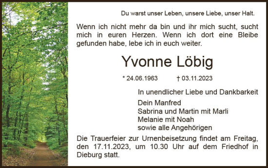 Traueranzeige von Yvonne Löbig von Darmstädter Echo