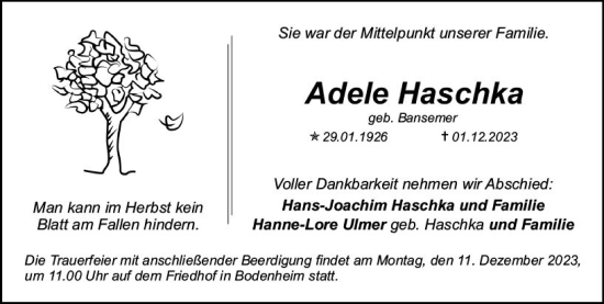 Traueranzeige von Adele Haschka von Allgemeine Zeitung Mainz