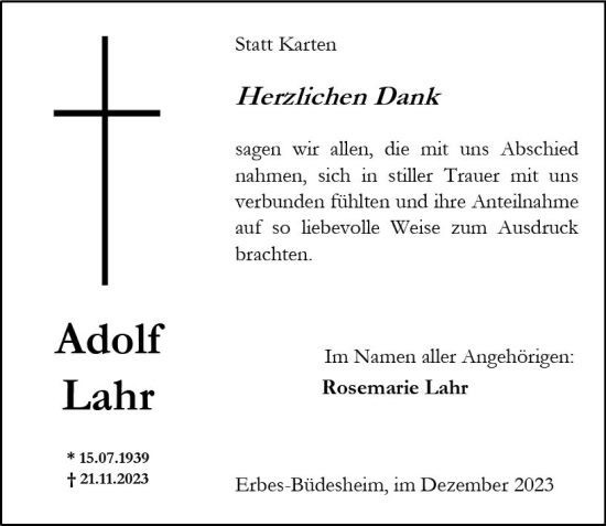 Traueranzeige von Adolf Lahr von Allgemeine Zeitung Alzey