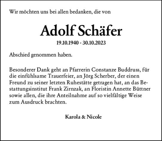 Traueranzeige von Adolf Schäfer von Weilburger Tageblatt