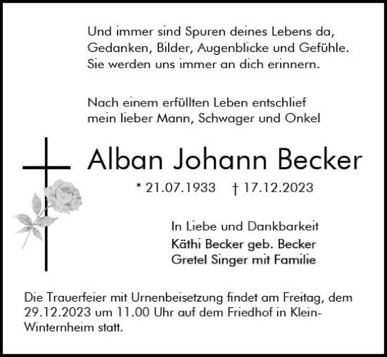 Traueranzeige von Alban Johann Becker von Allgemeine Zeitung Mainz
