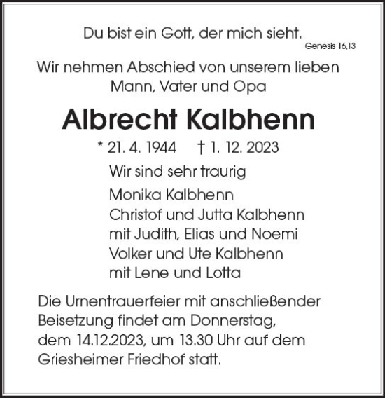 Traueranzeige von Albrecht Kalbhenn von Darmstädter Echo