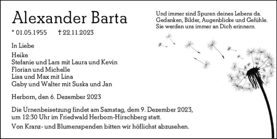 Traueranzeige von Alexander Barta von Dill Block