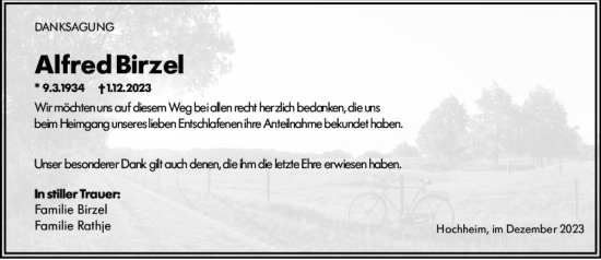 Traueranzeige von Alfred Birzel von Hochheimer Zeitung