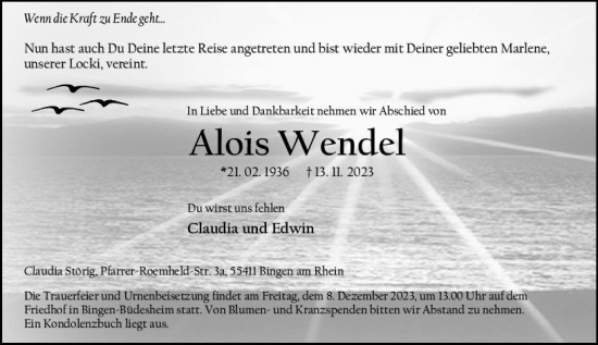 Traueranzeige von Alois Wendel von Allgemeine Zeitung Bingen/Ingelheim