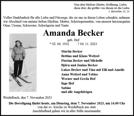 Traueranzeige von Amanda Becker von Dill Block