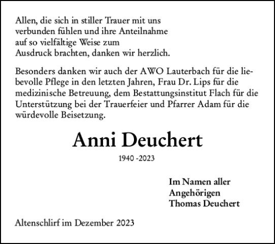 Traueranzeige von Anna Gertrud Deuchert von VRM Trauer