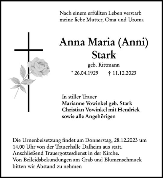 Traueranzeige von Anna Maria Stark von Allgemeine Zeitung Mainz
