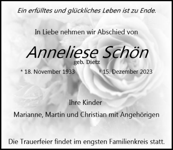 Traueranzeige von Anneliese Schön von Wormser Zeitung