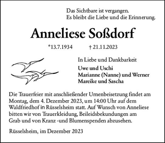 Traueranzeige von Anneliese Soßdorf von Rüsselsheimer Echo
