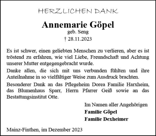Traueranzeige von Annemarie Göpel von Allgemeine Zeitung Mainz