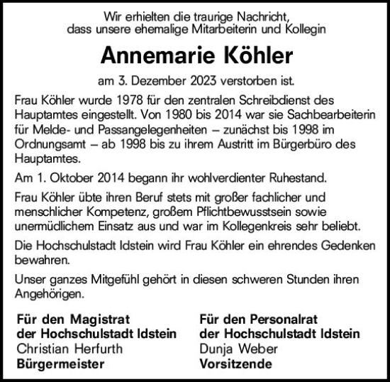 Traueranzeige von Annemarie Köhler von Idsteiner Land/Untertaunus