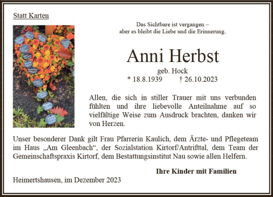 Traueranzeige von Anni Herbst von Oberhessen Kurier