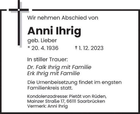 Traueranzeige von Anni Ihrig von Odenwälder Echo