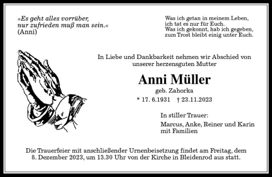 Traueranzeige von Anni Müller von VRM Trauer