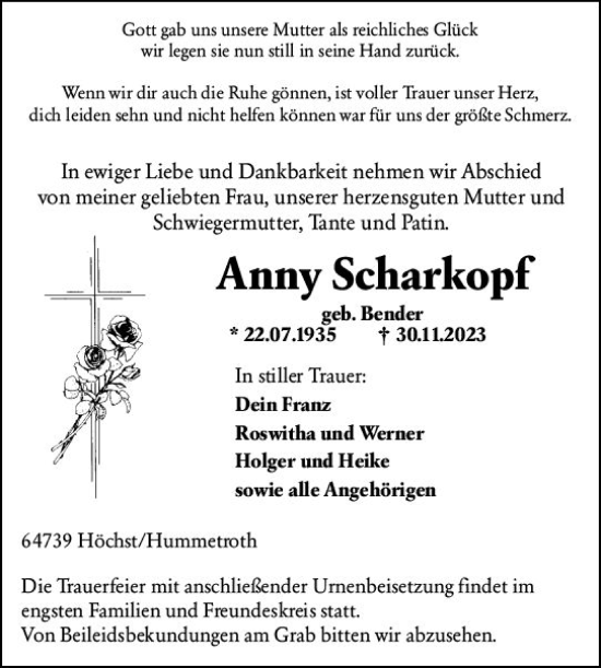 Traueranzeige von Anny Scharkopf von Odenwälder Echo