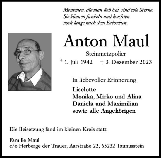 Traueranzeige von Anton Maul von Wiesbadener Kurier