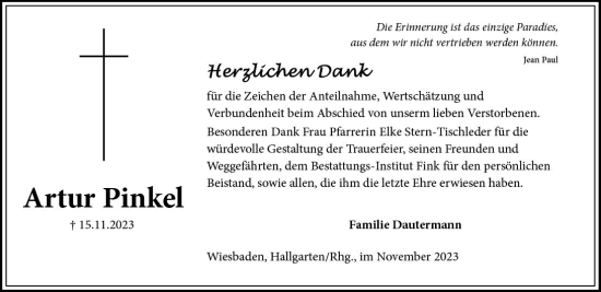 Traueranzeige von Artur Pinkel von Wiesbadener Kurier