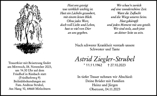 Traueranzeige von Astrid Ziegler-Strubel von Odenwälder Echo