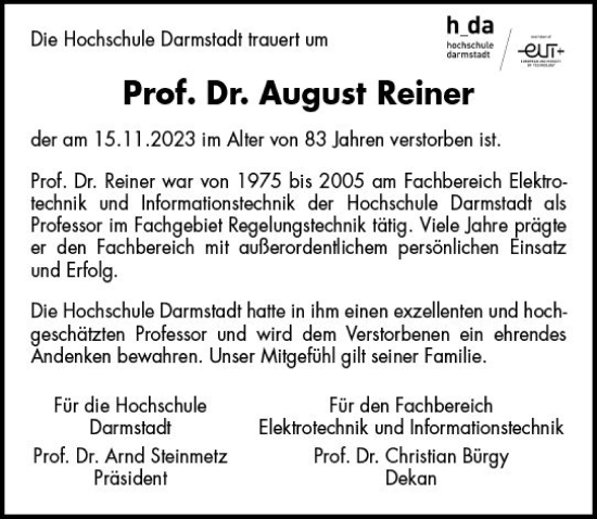 Traueranzeige von August Reiner von Darmstädter Echo