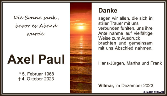 Traueranzeige von Axel Paul von Weilburger Tageblatt
