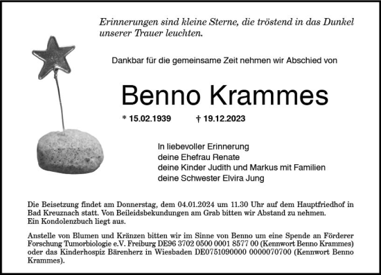 Traueranzeige von Benno Krammes von Allgemeine Zeitung Bad Kreuznach