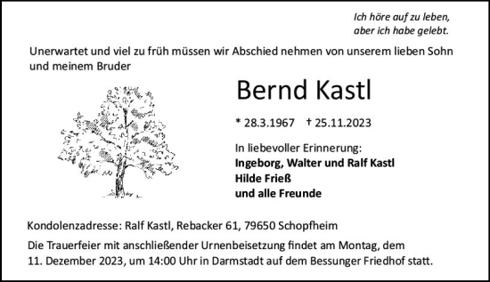 Traueranzeige von Bernd Kastl von Darmstädter Echo